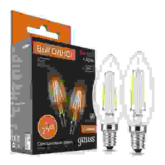 Лампа светодиодная LED 5вт 230в Е14 FILAMENT теплый свеча Gauss ПРОМО (2 лампы в упаковке)