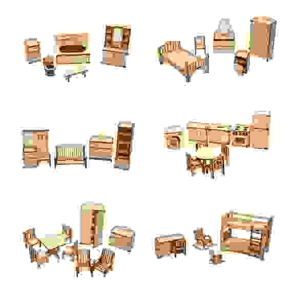 Мебель для кукол Детская/Спальня/Зал/Прихожая/Ванная/Кухня, фанера, 21х15х4см, 6 дизайнов ПОЛЛИ