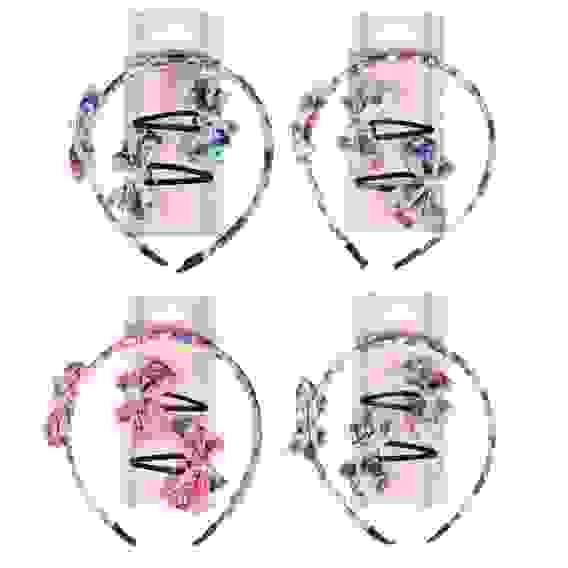 Набор детский для волос: ободок 1см, заколка клик-клак 2шт 4,5см, полиэстер, сплав, 4 цвета