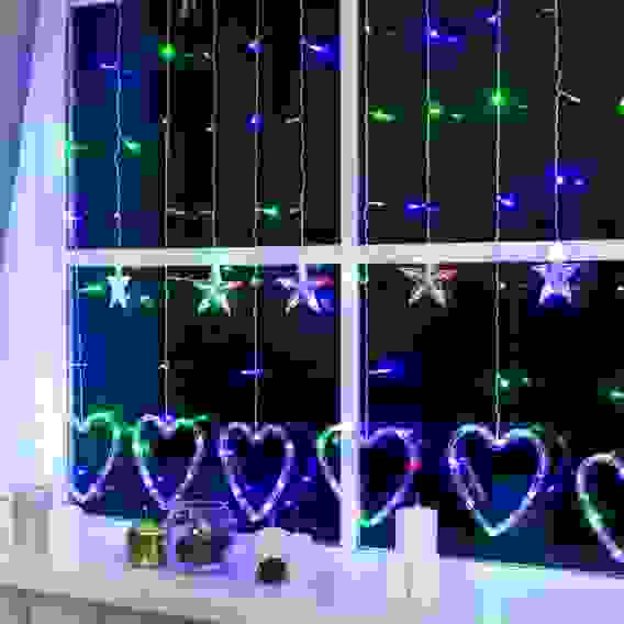 Гирлянда &quot;Бахрома&quot; 2.4 х 0.9 м с насадками &quot;Сердце&quot;, IP20, прозрачная нить, 186 LED, свечение мульти