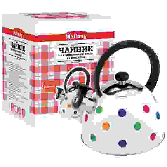 Чайник из нерж. стали MAL-0403, 2,2 литра, окрашенный в горошек, со свистком, капсулированное дно