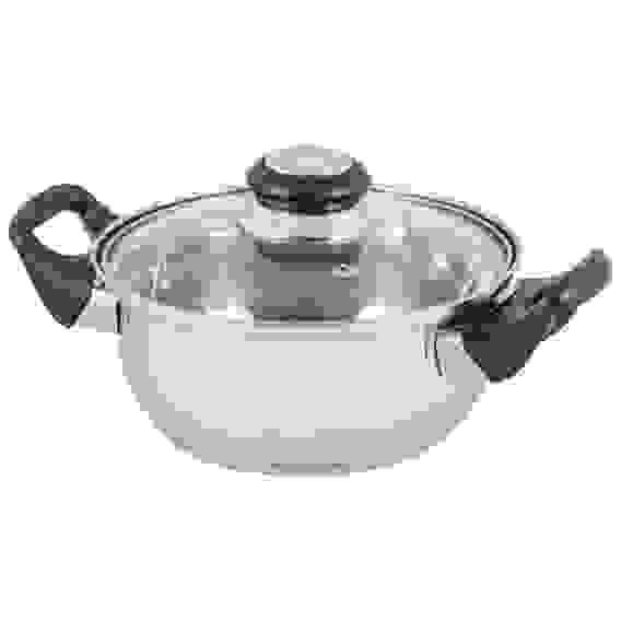 Кастрюля из нерж стали с крышкой (стекло) BAK-S-01, 1,4 л, ручки - бакелит, одинарное дно
