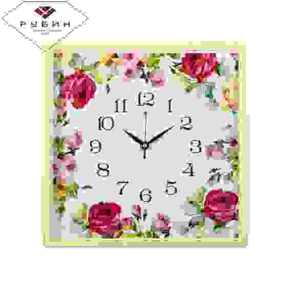 Часы настенные квадрат 30х30см, корпус светло-желтый &quot;Розы&quot; &quot;Рубин&quot;