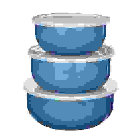 Набор эмал. салатников с крышками, 6пр(14/16/18см, 0,7/1,1/1,4л) \"Глянец\", синий