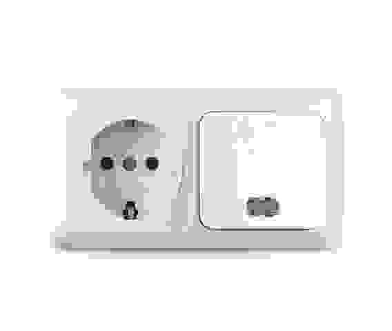 Блок выключатель 1-кл подсветкой + розетка с з/к Олимп горизонтальный белый