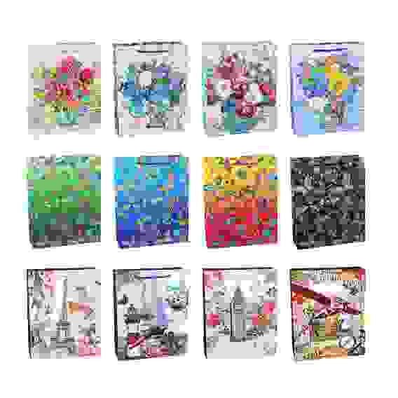 Пакет подарочный, высококачеств.бумага, глиттер, тиснение фольгой, 26х32х10см, 12 дизайнов, арт.2