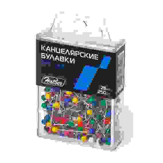 Булавки канцелярские Hatber 28мм с цветными головками 250шт в пластик.боксе с европодвес