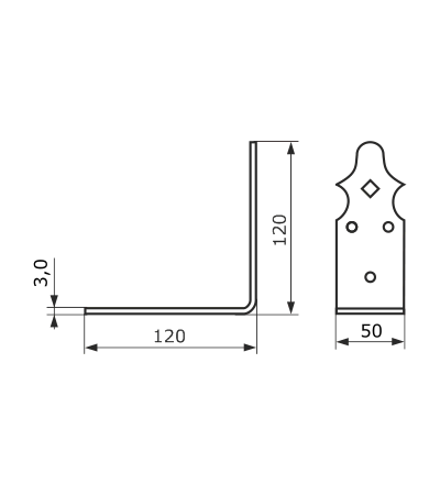 Уголок крепежный внешний 120х120х50 кованый, серия Кострома черный