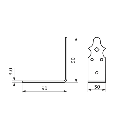 Уголок крепежный 90х90х50 кованый, серия Кострома черный