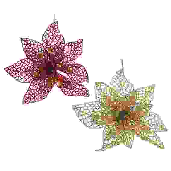 Украшение декоративное в виде цветка, 17см, пластик, глиттер, бордо, золото, 2 цв СНОУ БУМ Премиум