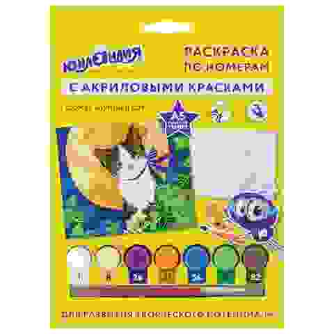 Раскраска по номерам А5, ЮНЛАНДИЯ \"ЛУННЫЙ КОТ\", С АКРИЛОВЫМИ КРАСКАМИ, на картоне, кисть, 661599