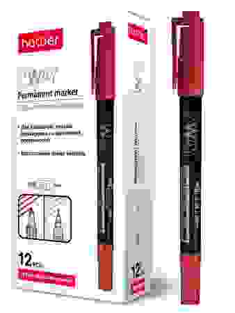 Маркер перманентный Hatber 2WAY Двухсторонний 1 mm/0,5 mm закругленный пишущий узел Красный 12шт. в