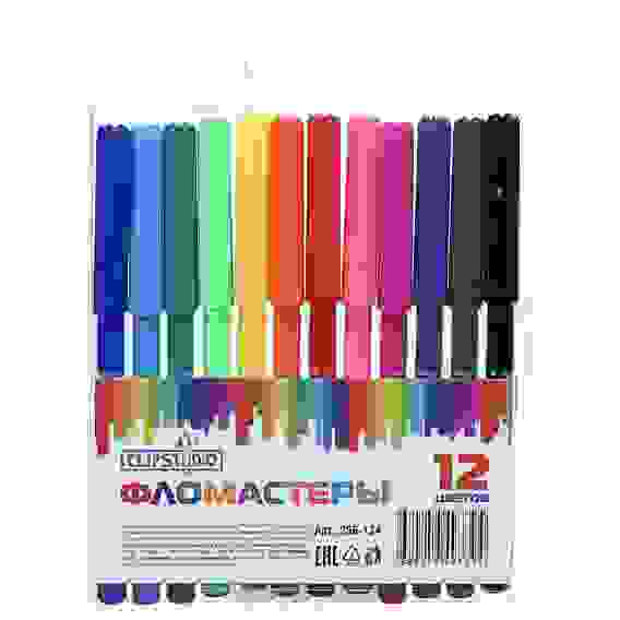 Фломастеры 12 цветов, с цветным вент.колпачком, пластик, в ПВХ пенале ClipStudio