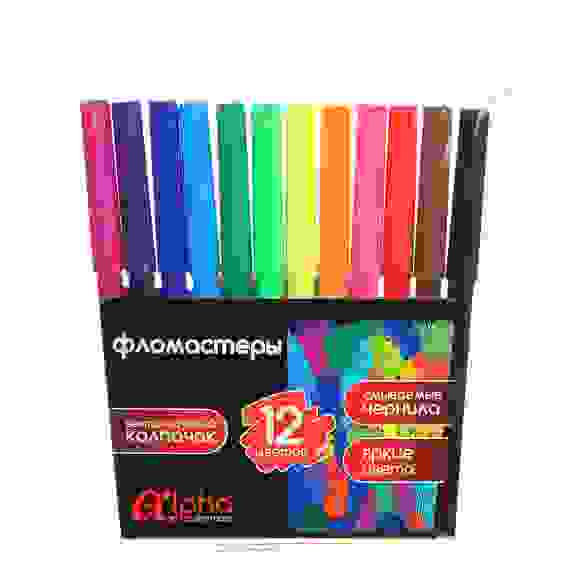 Фломастеры 12 цветов &quot;Альфа&quot;, с цв.вент.колпачком, большие, смываемые, пластик, ПРЕМИУМ ClipStudio