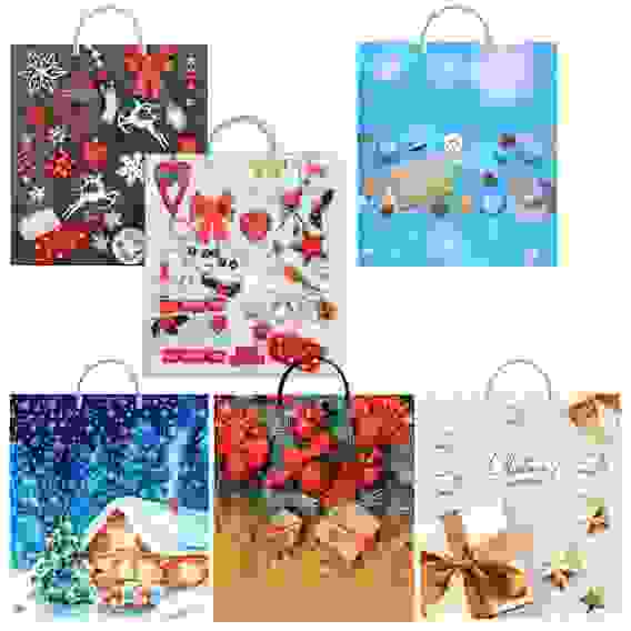 Пакет ПВД с пластиковой ручкой, 40x44см, 100мкм, 5 дизайнов.