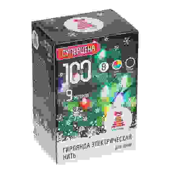 Уценка! Гирлянда эл. вьюн 9м, 100 LED, мультицвет, 8 реж, ПВХ черный, 220В СНОУ БУМ