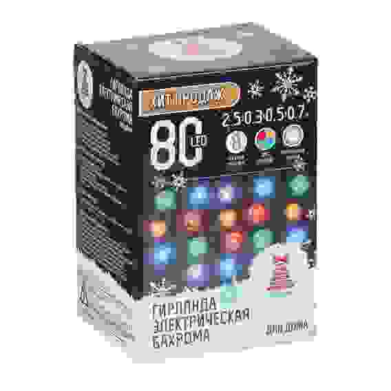 Гирлянда эл. бахрома 2,5x0,3х0,5x0,7м, 80LED, мультицвет, ПВХ прозр., 8 реж., коннект, 220В СНОУ БУМ