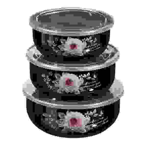 АКЦИЯ! Набор эмал. салат. с крышками, 6пр. (14/16/18см, 0,7/1,1/1,4л), черн.перлам. Иллюзия Георгина