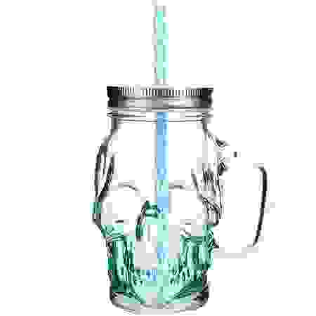 Банка с ручкой для смузи 0,530 л с трубчкой ГОЛУБАЯ LR