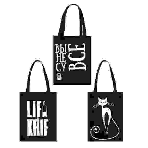 Сумка-шоппер хозяйственная, хлопок черный, 33x44см, 3 дизайна VETTA