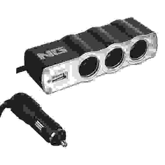 Разветвитель прикуривателя, 3 выхода +1 USB, 60 W, 2.1А, 12/24В, пластик NG