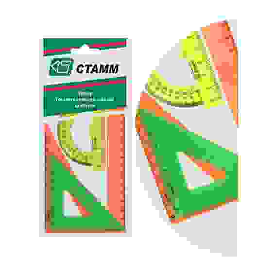 Набор чертежный малый СТАММ &quot;Neon&quot; (треуг. 2шт., линейка 16см, транспортир), ассорти