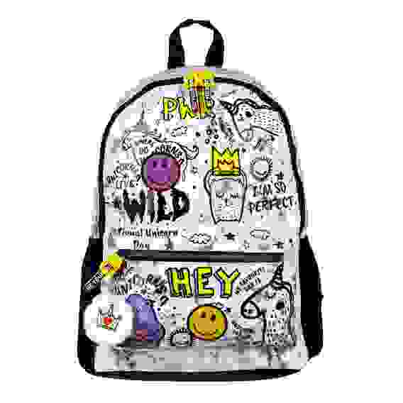 Рюкзак подростковый, 41x29x18см, &quot;Смайлы и единороги&quot;, 1отд.,4карм., улучш.ПЭ, нашивки, брелок BY