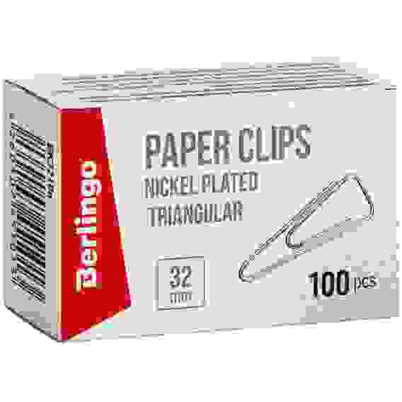 Скрепки 32мм, Berlingo, 100шт., никелированные треугольные, с отогнутым носиком, карт. упаковка
