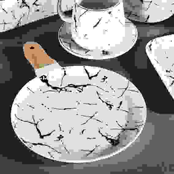 Блюдо круглое с ручкой, 29х19,5х2см, костяной фарфор, бамбук MILLIMI Марбл