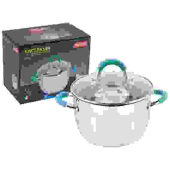 Кастрюля BRAVO, объем 2,1 л, из нерж стали с крышкой из жаропрочного стекла, размер 16*10,5 см