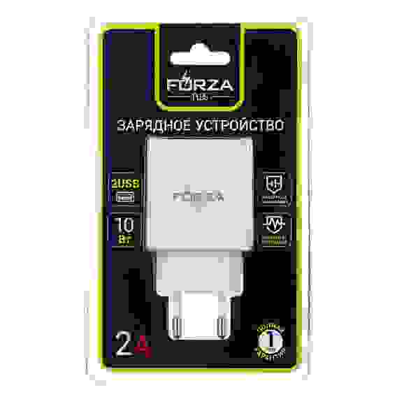 Сетевое зарядное устройство Стандарт, 2xUSB, 2А, 5В, Белый FORZA