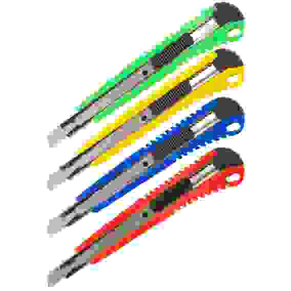 Нож канцелярский 9мм OfficeSpace, усиленный, с фиксатором, металл. направляющие, ассорти, европодвес