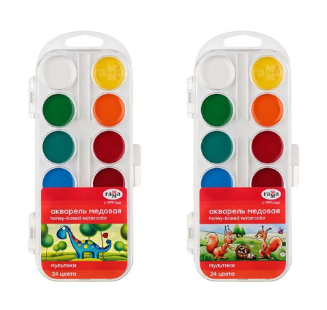 Акварель &quot;Мультики&quot; NEW, медовая, 24 цвета, без кисти, пластик. упак., европодвес Гамма