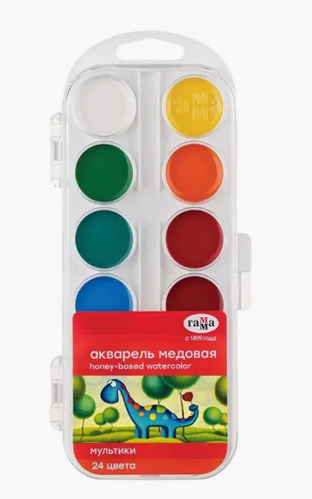 Акварель &quot;Мультики&quot; NEW, медовая, 24 цвета, без кисти, пластик. упак., европодвес Гамма