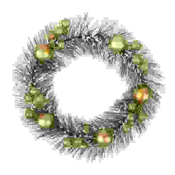 Венок рождественский заснеженный с декором и ягодами, 25см, ПВХ, дерево, золотой декор СНОУ БУМ