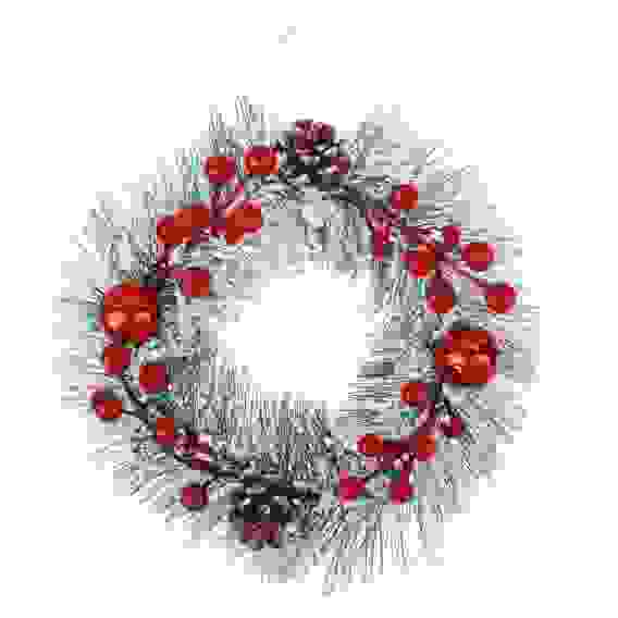 Венок рождественский заснеженный с шишками и ягодами, 20см, ПВХ, дерево, красный декор СНОУ БУМ