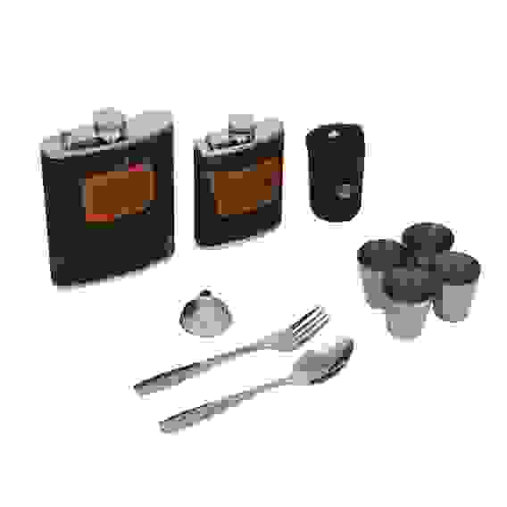 Набор походный, нерж.сталь,2 фляги,вилка,ложка,воронка и 4 стакана + чехол для стаканов AZOR FISHIN