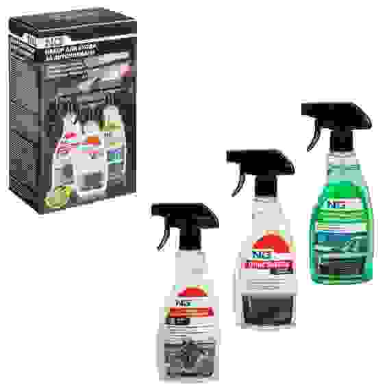 Набор подарочный для ухода за автомобилем (полироль, очиститель велюра и стекол) триггер 500 мл NG