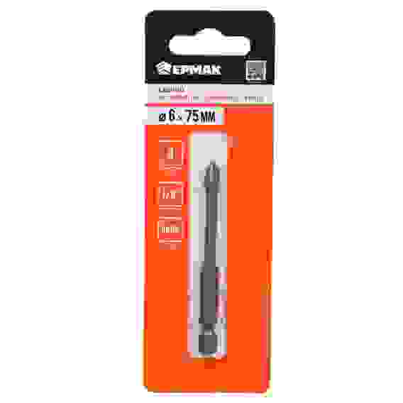 Сверло по кафелю, керамике, стеклу, с четырьмя режущими лезвиями, шестигранный хвостовик, 6 мм ЕРМАК
