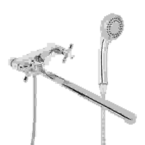 Смеситель для ванны Уран, прямой излив 30см, кран-буксы 1/2, душ. набор, крест, латунь, хром RAIN