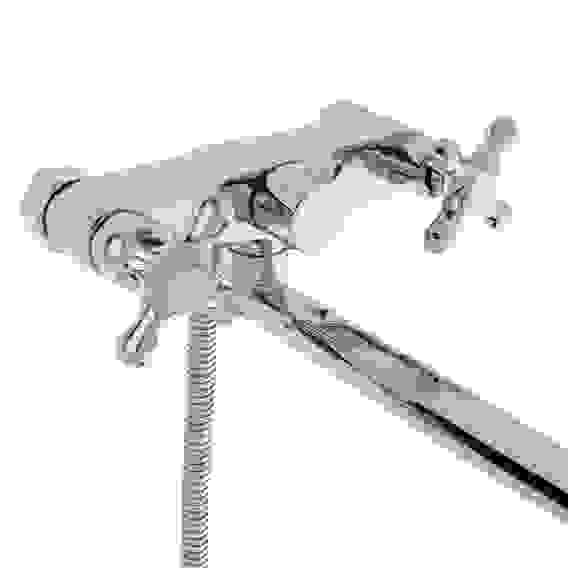 Смеситель для ванны Уран, прямой излив 30см, кран-буксы 1/2, душ. набор, крест, латунь, хром RAIN