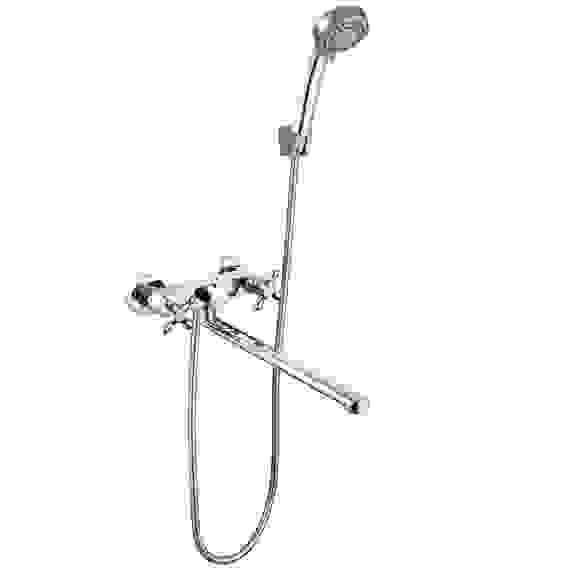 Смеситель для ванны Уран, прямой излив 30см, кран-буксы 1/2, душ. набор, крест, латунь, хром RAIN