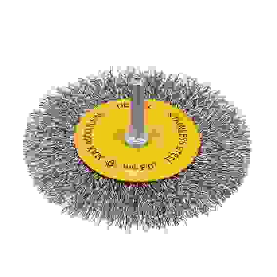 Щетка для дрели 100 мм, Плоская, со шпилькой, нержавеющая витая проволока// Denzel