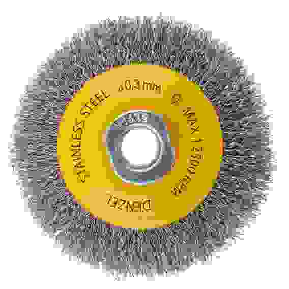 Щетка для УШМ, 100 мм, М14, Тарелка, витая нержавеющая проволока 0,3 мм// Denzel