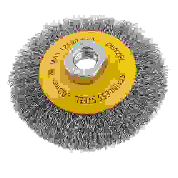 Щетка для УШМ, 100 мм, М14, Тарелка, витая нержавеющая проволока 0,3 мм// Denzel