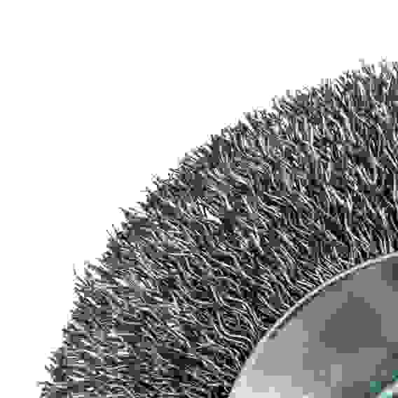 Щетка для УШМ, 100 мм, М14, Тарелка, витая нержавеющая проволока 0,3 мм// Denzel