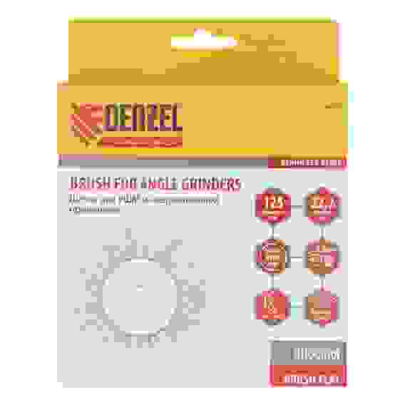 Щетка для УШМ, 125 мм, Плоская, витая нержавеющая проволока 0,3 мм, посадка 22,2 мм// Denzel