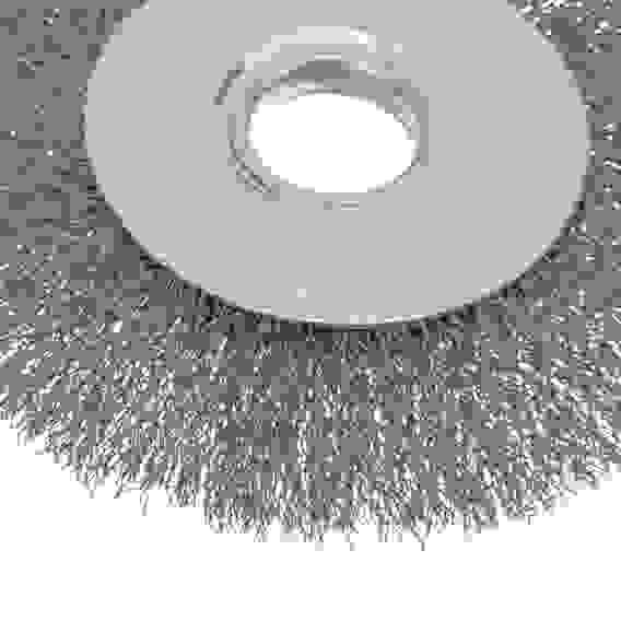 Щетка для УШМ, 125 мм, Плоская, витая нержавеющая проволока 0,3 мм, посадка 22,2 мм// Denzel
