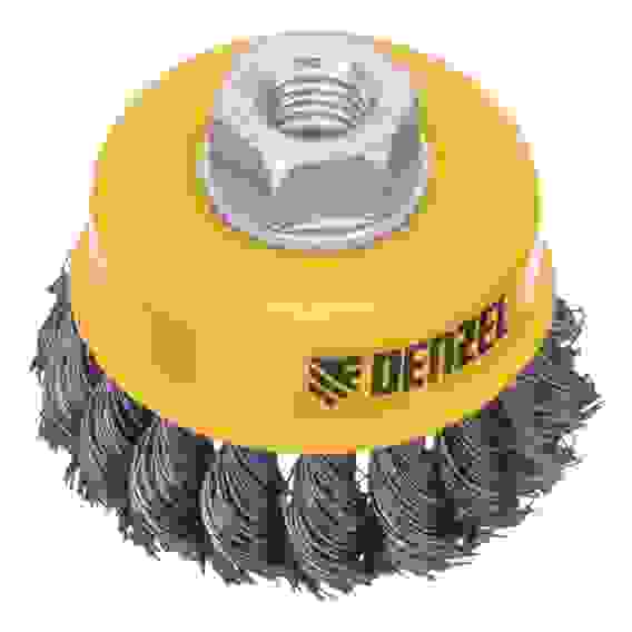 Щетка для УШМ, 75 мм, М14, Чашка, крученая нержавеющая проволока 0,5 мм// Denzel