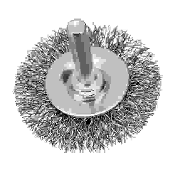 Набор щеток для дрели, 1 Плоская 50мм, 2 Чашки 25-50мм, шпилька, нерж. вит. проволока// Denzel